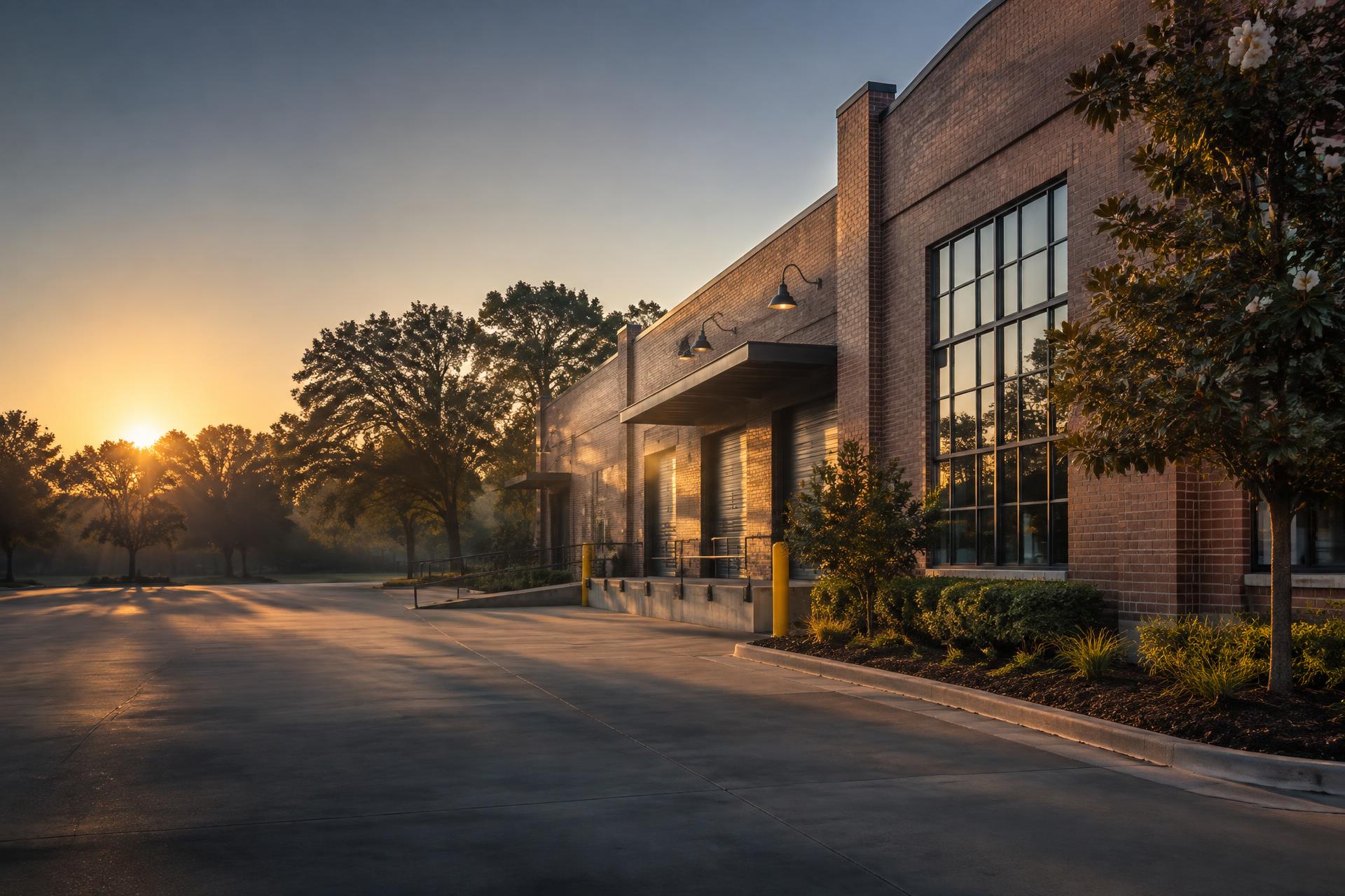 Established brick business facility in the Southeast at sunrise